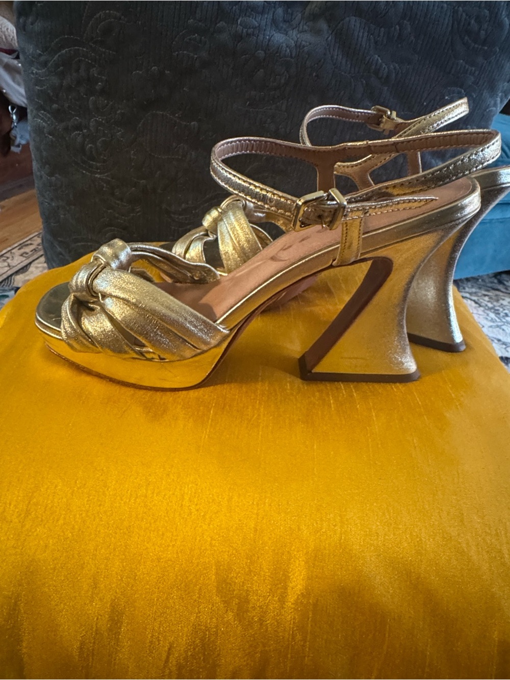 Metallic Gold Knotted T-Strap Heels with Sculpted Block Heel